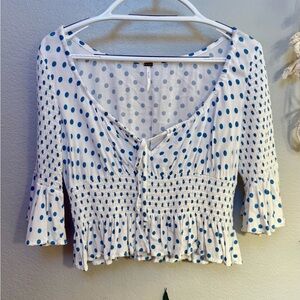 Free People A Bit of Something Sweet White and Blue Polka Dot Blouse